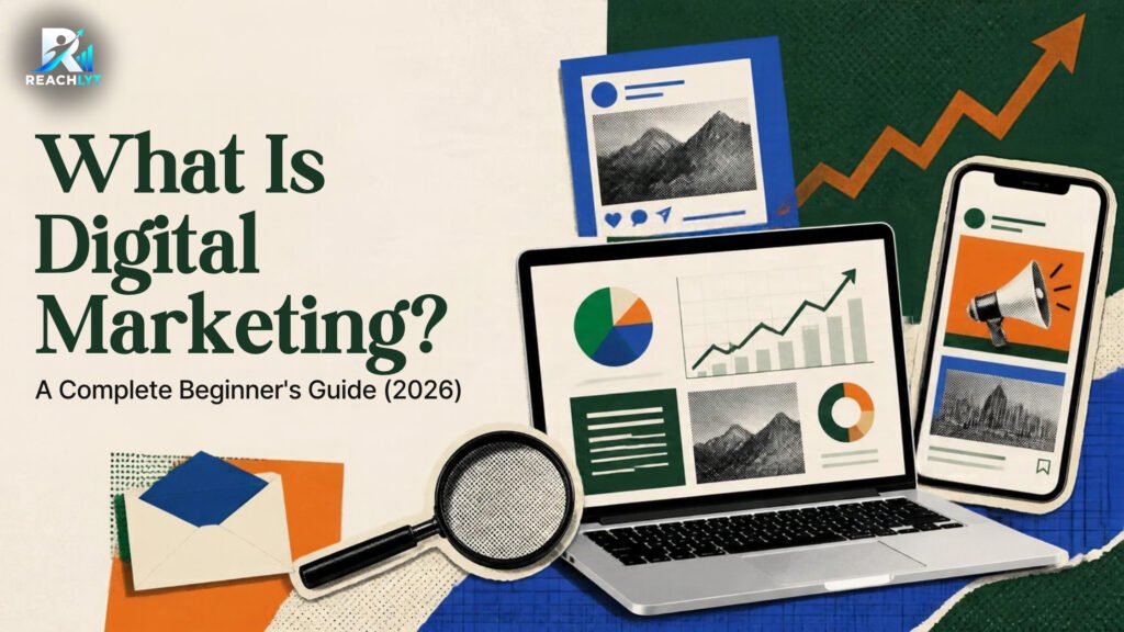 What Is Digital Marketing? Complete Beginner's Guide 2026 featuring SEO, content marketing, social media marketing, email marketing, website analytics, and online business growth by Reachlyt.