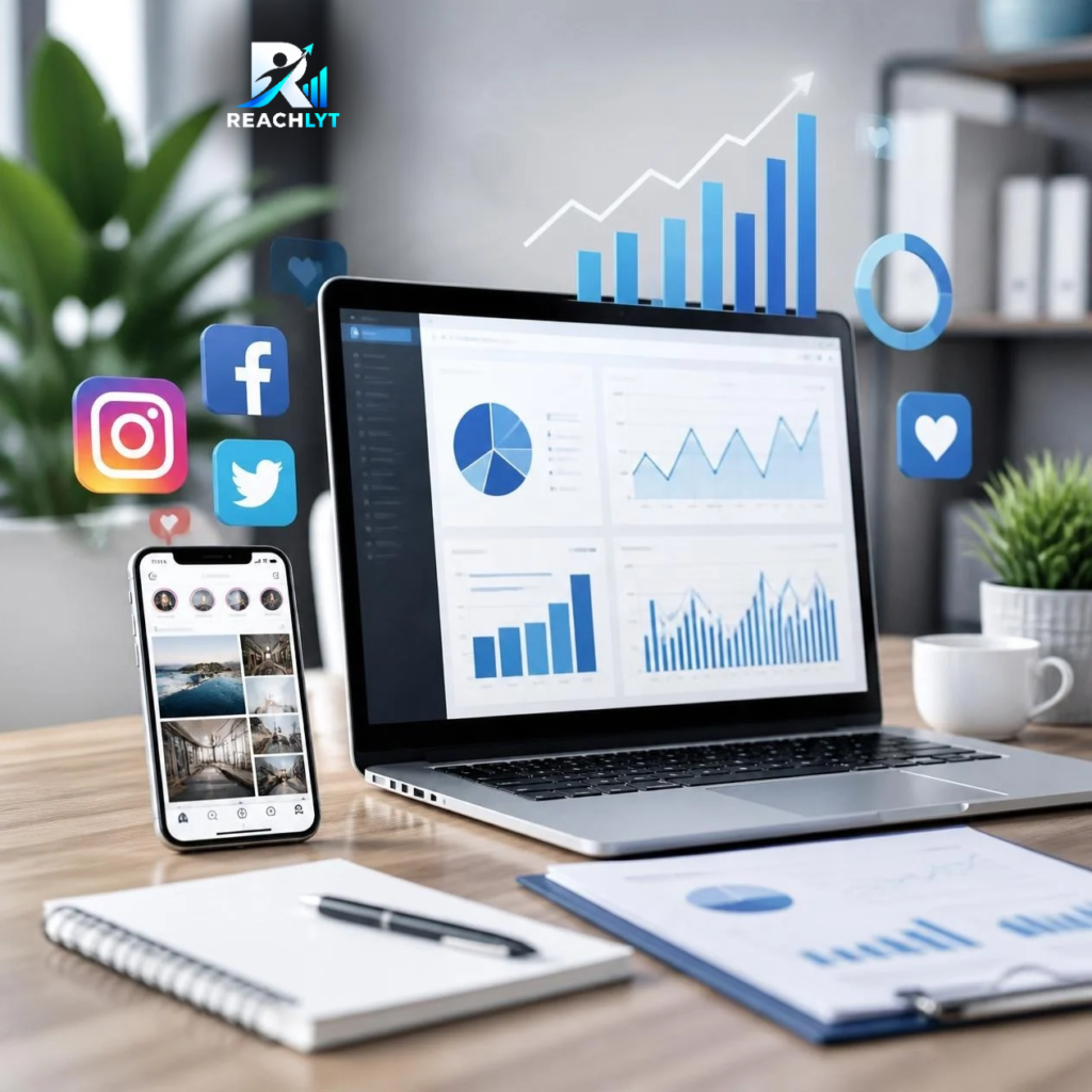 Professional digital marketing workspace featuring social media analytics, Facebook, Instagram, LinkedIn, TikTok icons, business growth charts, and online marketing tools representing social media marketing strategies in 2026.