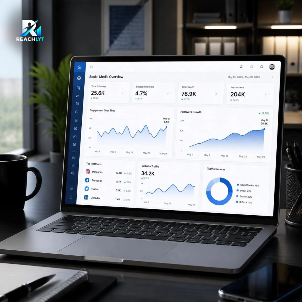 Digital marketing analytics dashboard showing social media performance metrics, engagement reports, website traffic, and business growth charts for data-driven marketing decisions.
